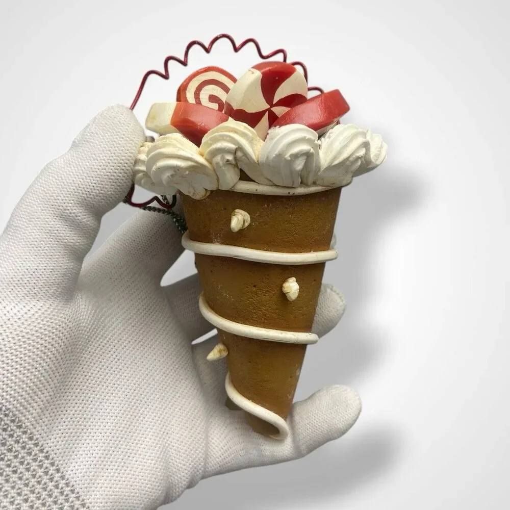 4 Vintage Christmas Ornaments Lot Ice Cream Cone Candy Cane Peppermint Swirl